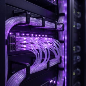 Cabos de fibra óptica e painel de conexões organizados em rack de data center, com destaque em roxo