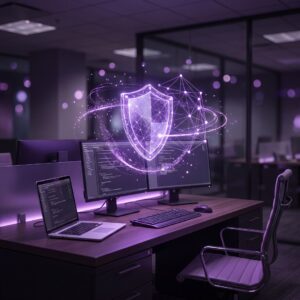 Visualização holográfica de segurança e detecção de ameaças em endpoint corporativo, com destaque em roxo