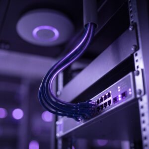 Switch PoE alimentando cabos de rede até access points, com brilho roxo representando orçamento de energia e backhaul