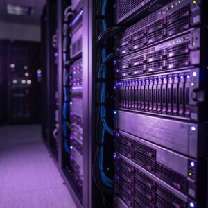 Array de armazenamento em data center com discos e LEDs iluminados, destaque em roxo, representando storage corporativo