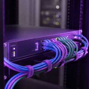 Switch de rede gerenciável com portas iluminadas e cabos organizados, representando controle e segmentação de rede corporativa