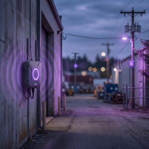 Access point outdoor resistente às intempéries em campus corporativo, com ondas de sinal em roxo, representando cobertura mesh externa